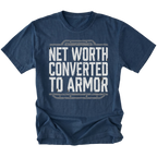 Navy T-shirt featuring the Net Worth Converted To Armor design on the front by Trail Snark.