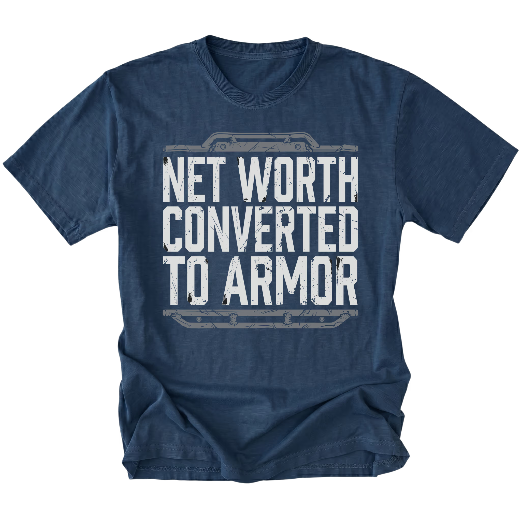 Navy T-shirt featuring the Net Worth Converted To Armor design on the front by Trail Snark.