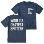 Navy T-shirt with World's Okayest Spotter back design and driver passenger gas brake my bad front chest print by Trail Snark.
