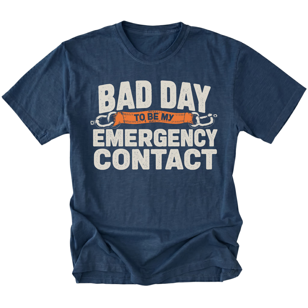Navy t-shirt featuring the Emergency Contact design on the front by Trail Snark.