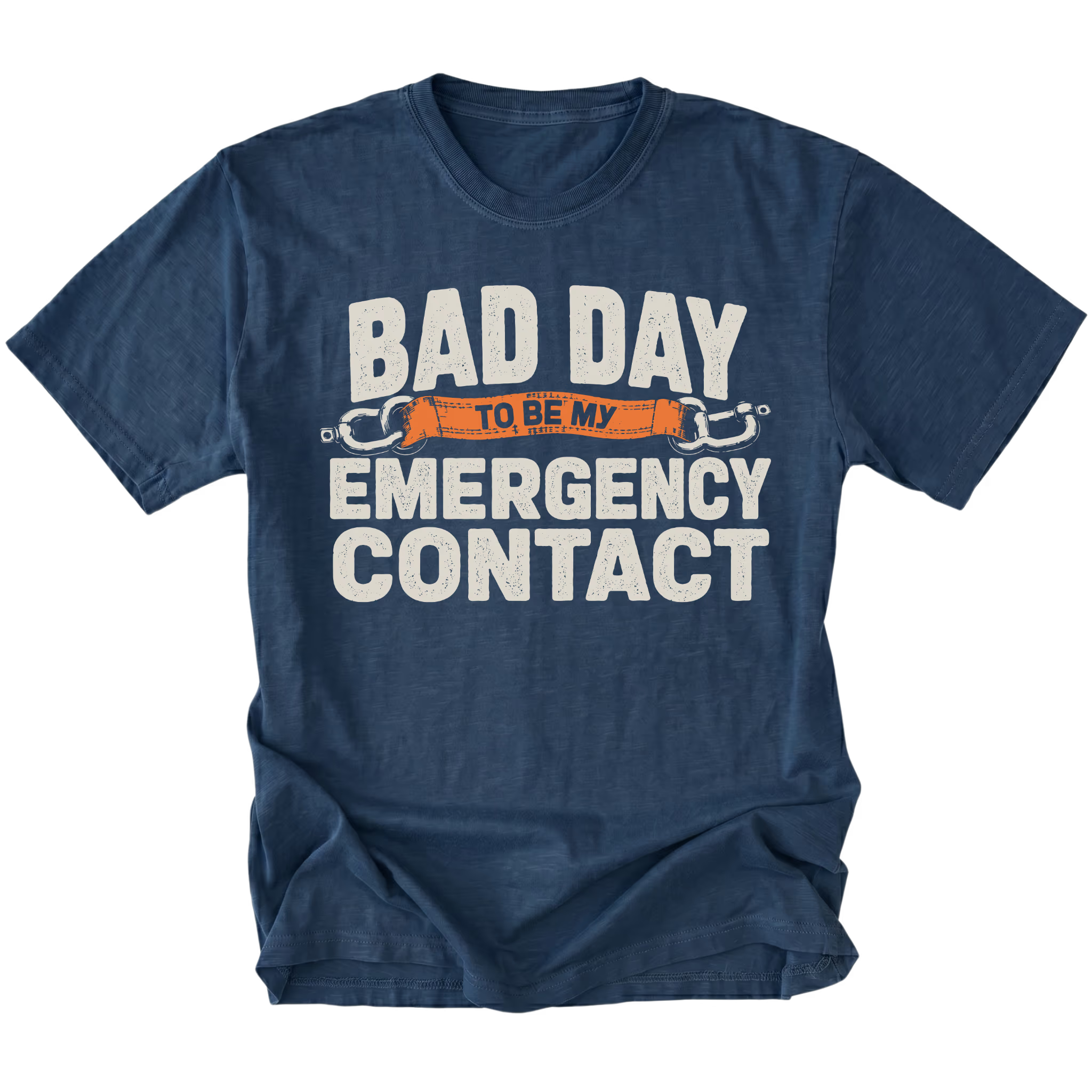 Navy t-shirt featuring the Emergency Contact design on the front by Trail Snark.
