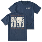 Two navy blue graphic t-shirts shown on a white background, with the front and back views overlapping. The front features a small 'BAD LINE' logo on the left chest, and the back features a large graphic reading 'BAD LINES AHEAD' in bold white letters with orange text above and below.