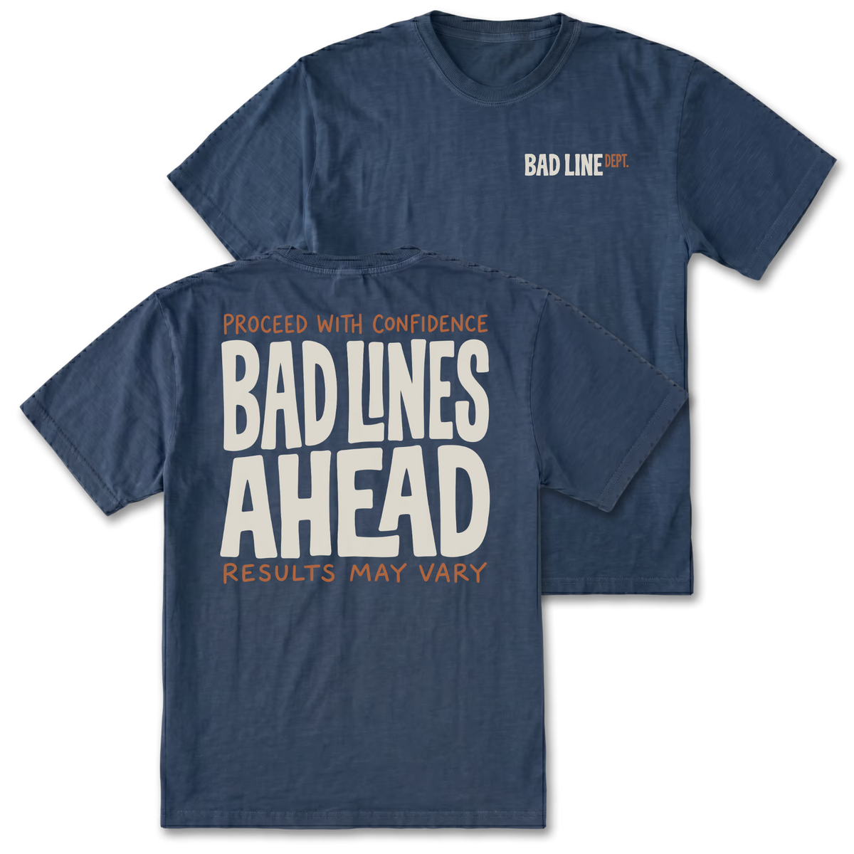 Two navy blue graphic t-shirts shown on a white background, with the front and back views overlapping. The front features a small 'BAD LINE' logo on the left chest, and the back features a large graphic reading 'BAD LINES AHEAD' in bold white letters with orange text above and below.