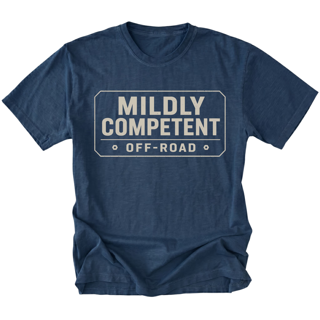 Navy T-shirt with a Mildly Competent Off-Road design shown from the front by Trail Snark.