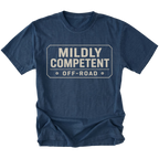 Navy T-shirt with a Mildly Competent Off-Road design shown from the front by Trail Snark.