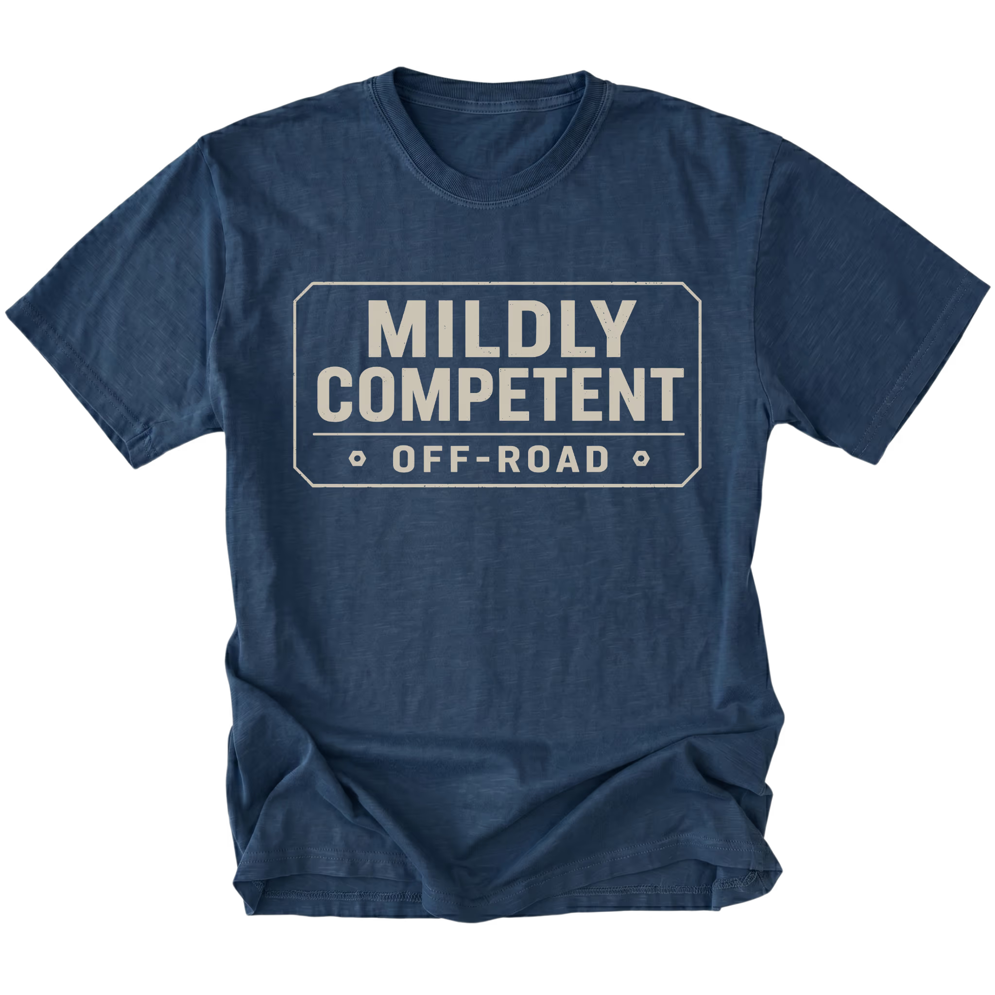 Navy T-shirt with a Mildly Competent Off-Road design shown from the front by Trail Snark.