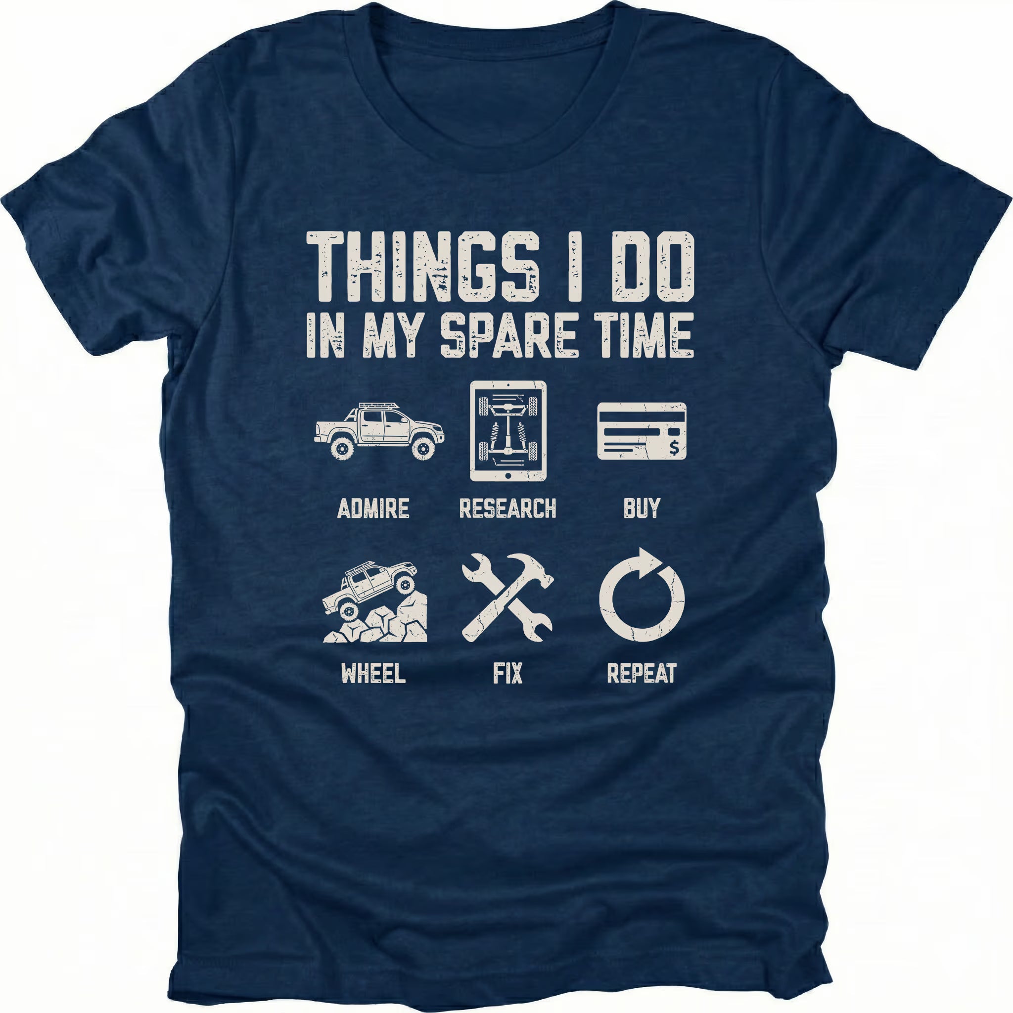 Navy T-Shirt with icons and text reading “Things I Do In My Spare Time” showing admire research buy wheel fix repeat on front view by Trail Snark.
