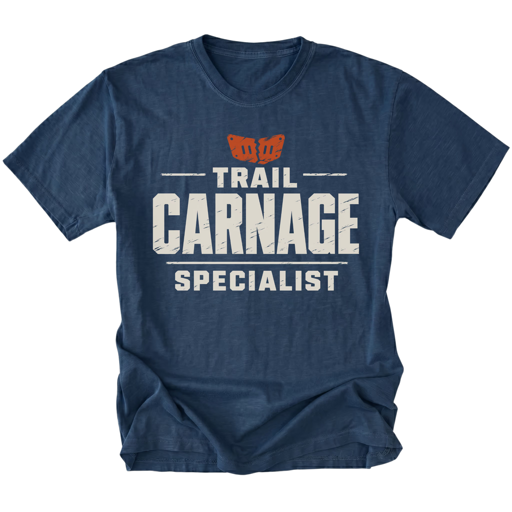 Navy T-shirt featuring the Trail Carnage Specialist design on the front by Trail Snark.