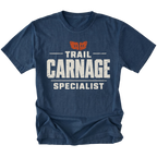 Navy T-shirt featuring the Trail Carnage Specialist design on the front by Trail Snark.