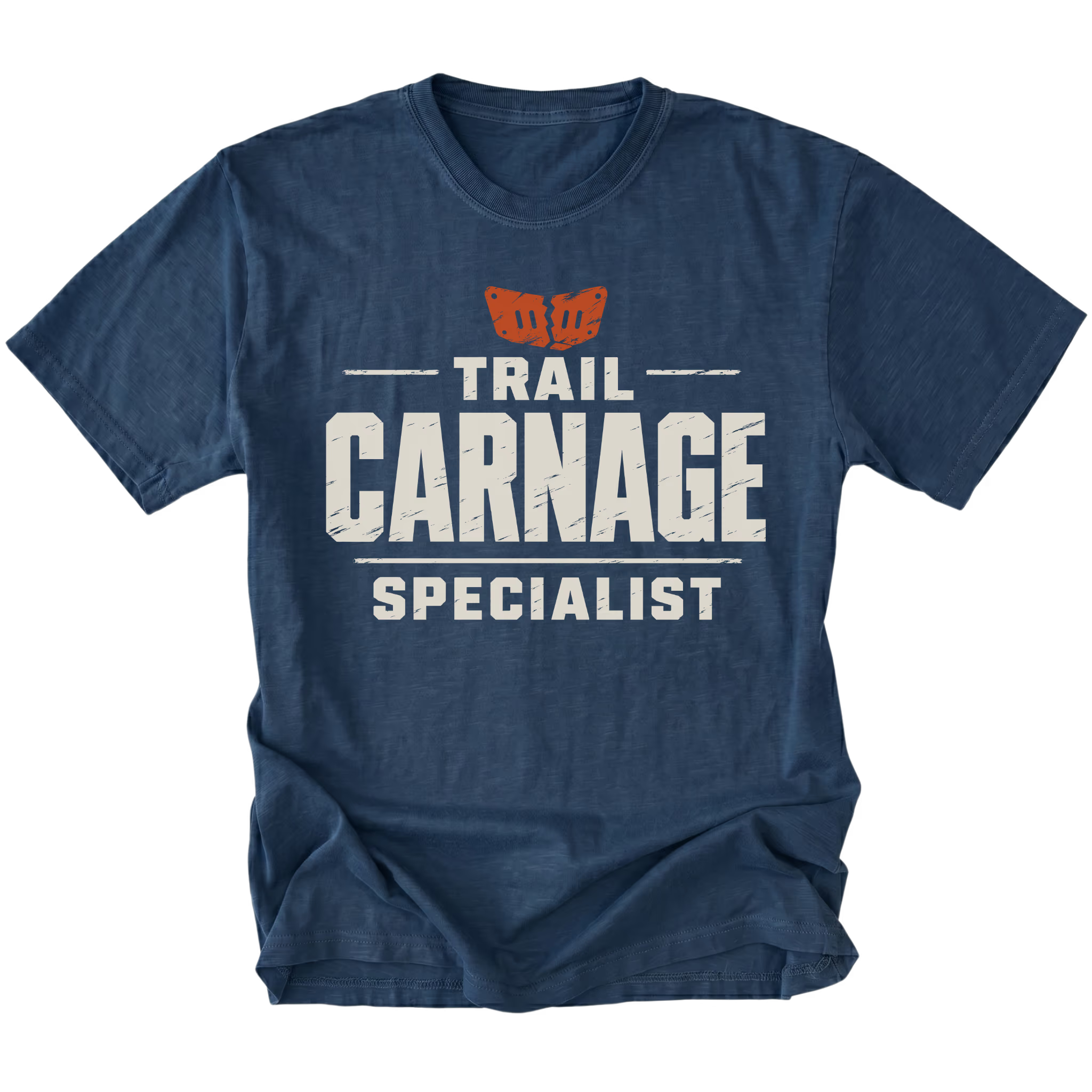 Navy T-shirt featuring the Trail Carnage Specialist design on the front by Trail Snark.