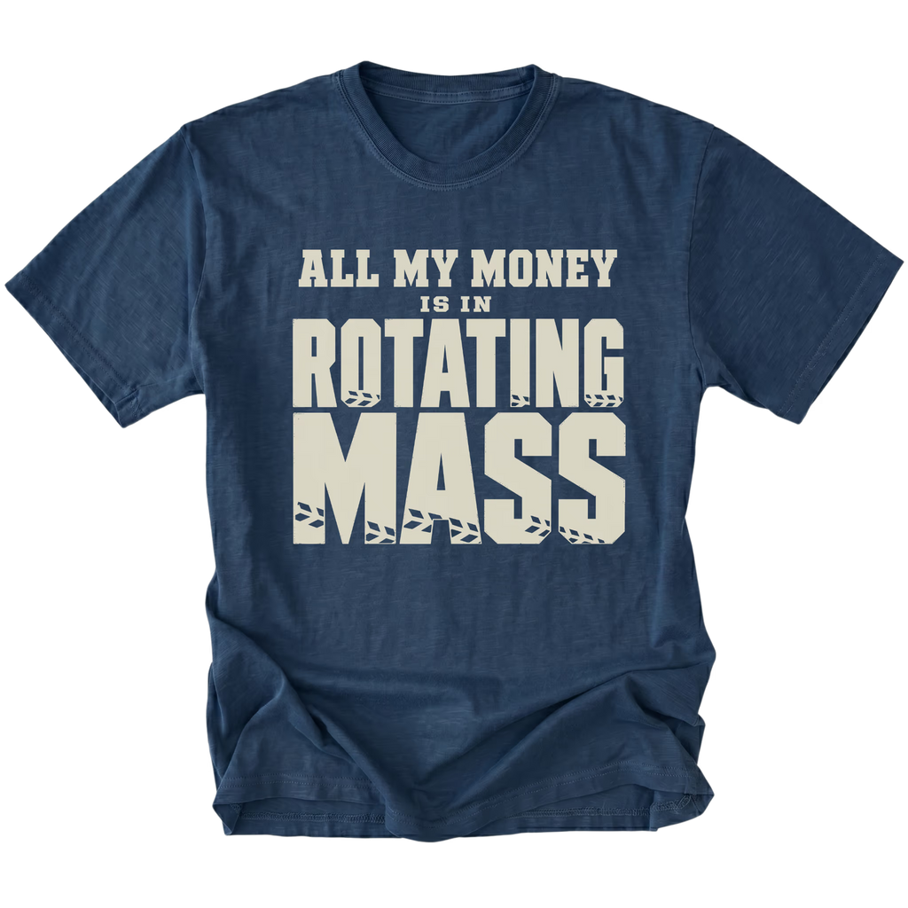 Navy T-Shirt featuring the All My Money Is in Rotating Mass design with distressed lettering on the front view by Trail Snark.