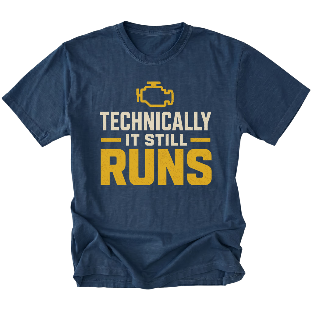 Navy T-Shirt featuring the Technically It Still Runs design on the front by Trail Snark.