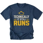 Navy T-Shirt featuring the Technically It Still Runs design on the front by Trail Snark.