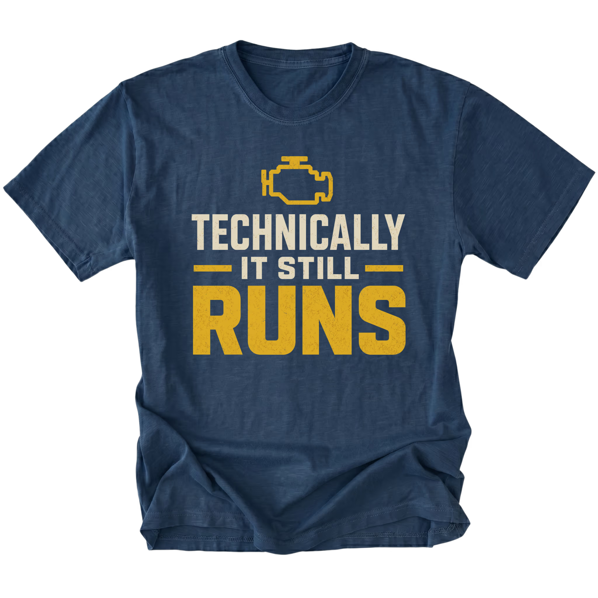 Navy T-Shirt featuring the Technically It Still Runs design on the front by Trail Snark.