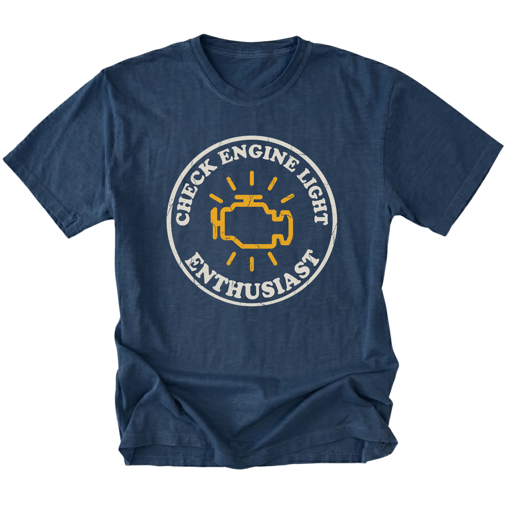 Navy t-shirt featuring check engine light enthusiast circular engine warning graphic shown from the front by Trail Snark.