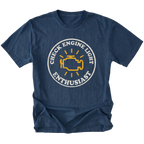Navy t-shirt featuring check engine light enthusiast circular engine warning graphic shown from the front by Trail Snark.