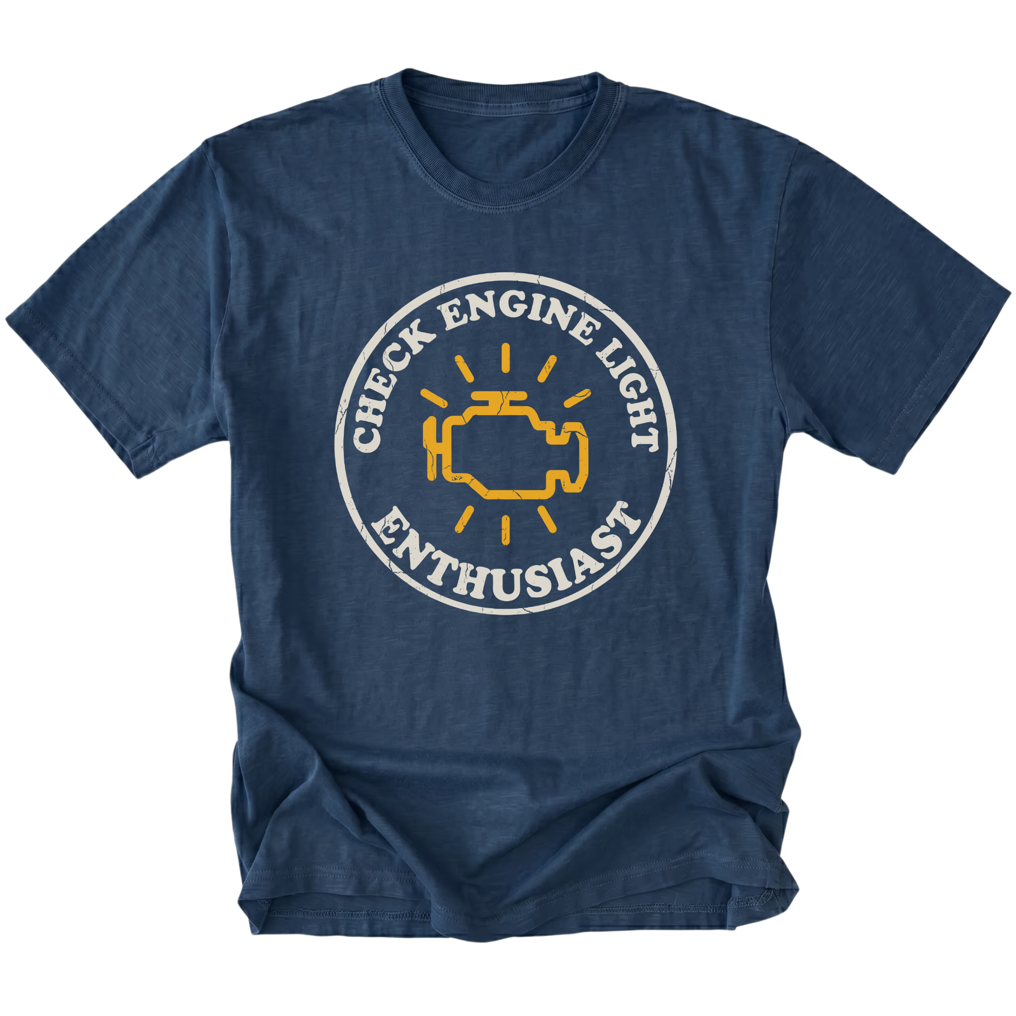Navy t-shirt featuring check engine light enthusiast circular engine warning graphic shown from the front by Trail Snark.