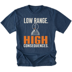 Navy T-shirt featuring the Low Range High Consequences design with a transfer case shifter on the front by Trail Snark.