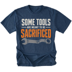 Navy T-shirt featuring the Sacrificial Tools design with a broken wrench on the front by Trail Snark.