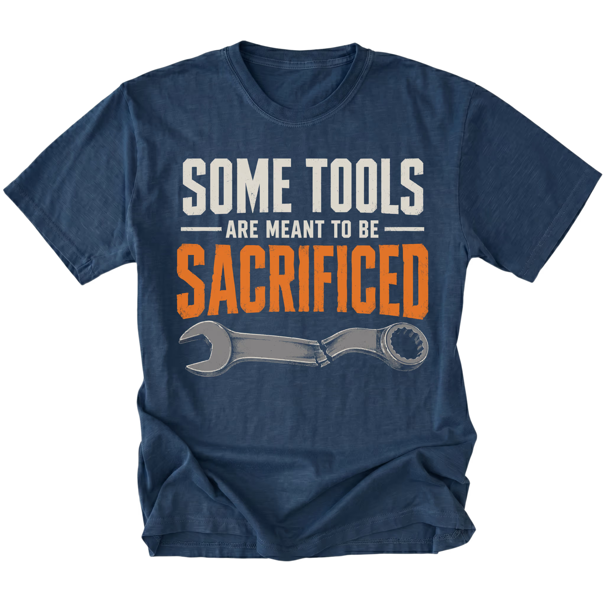 Navy T-shirt featuring the Sacrificial Tools design with a broken wrench on the front by Trail Snark.