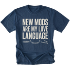 Navy t-shirt with distressed white text reading New Mods Are My Love Language and small suspension component illustrations underneath.
