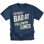 A navy blue short-sleeve t-shirt with a distressed graphic print that reads 'OBVIOUSLY BAD AT FOLLOWING LINES' in white and olive green text, shown on a plain white background.