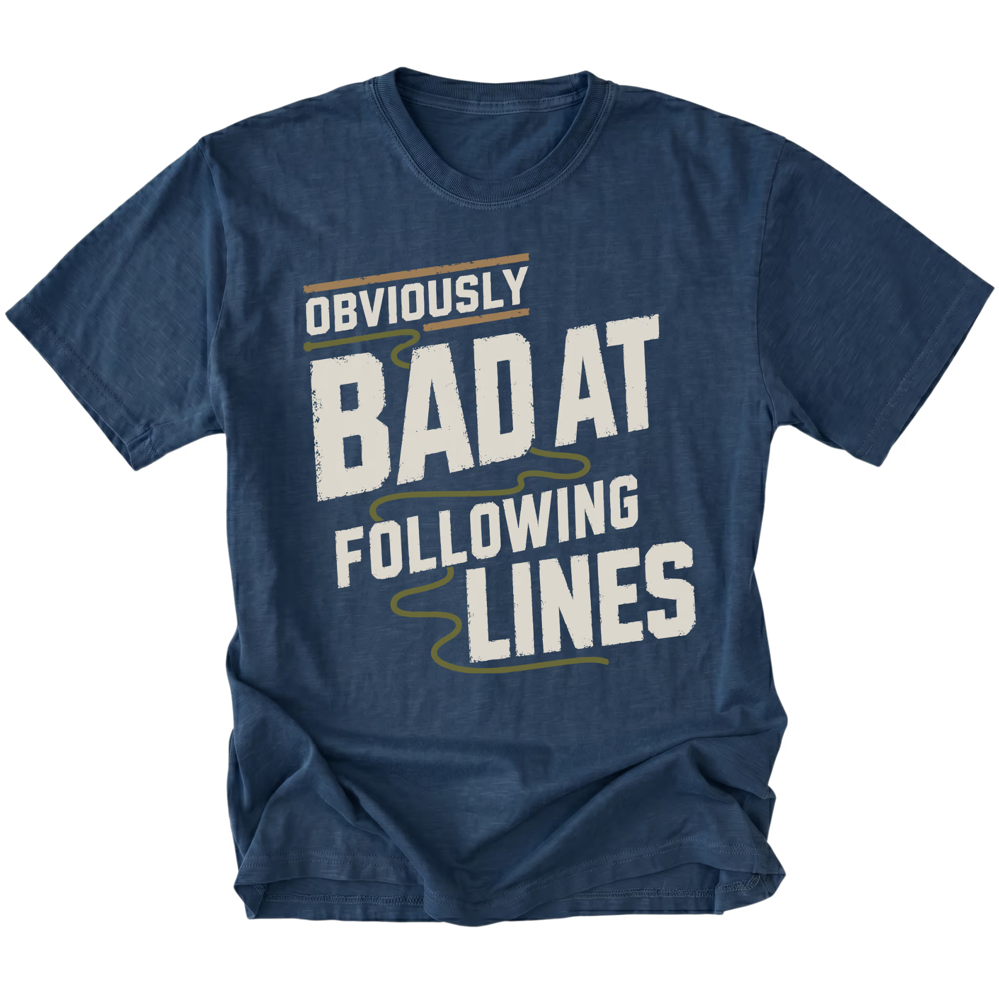 A navy blue short-sleeve t-shirt with a distressed graphic print that reads 'OBVIOUSLY BAD AT FOLLOWING LINES' in white and olive green text, shown on a plain white background.