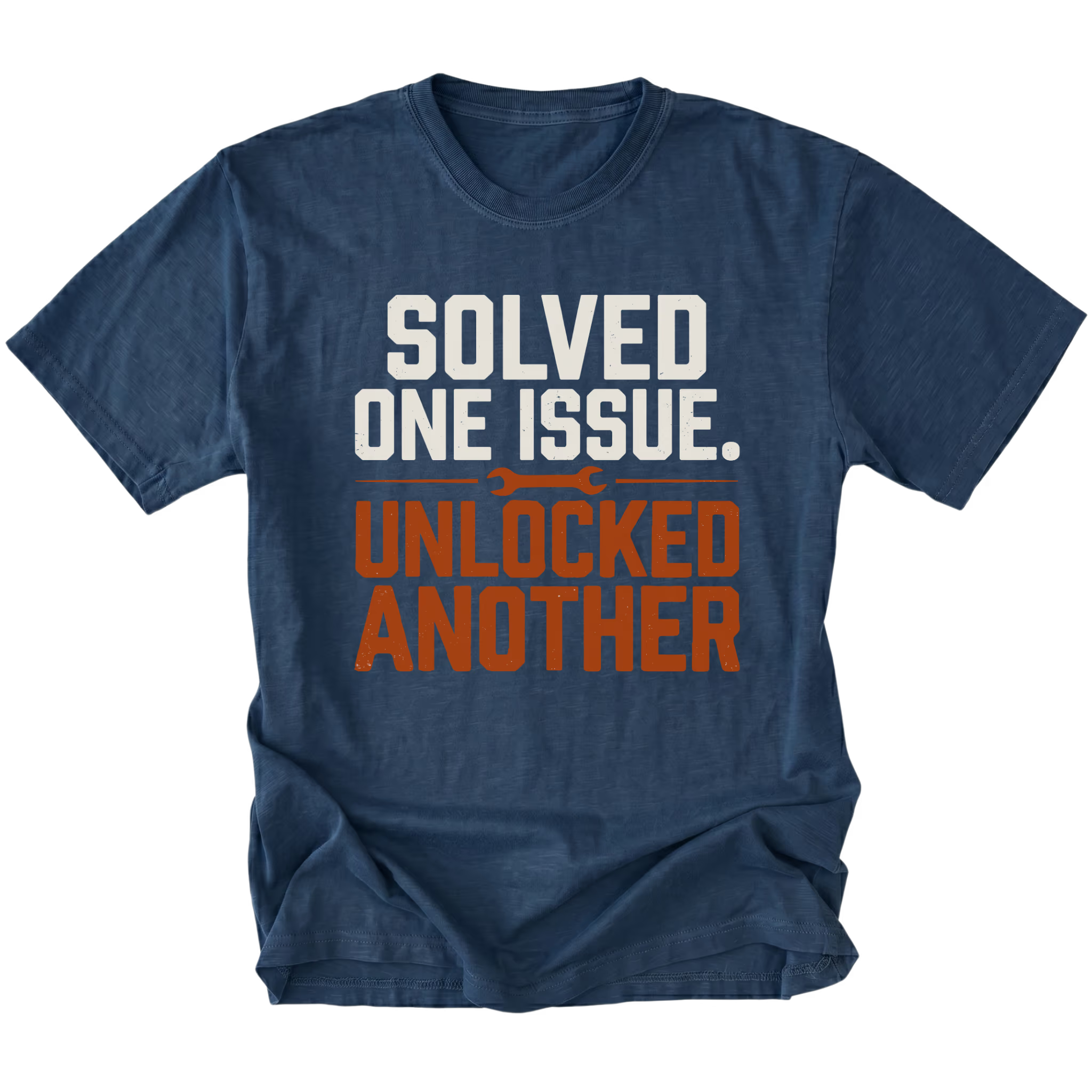 Navy T-Shirt with the Solved One Issue. Unlocked Another design shown in a front view by Trail Snark.