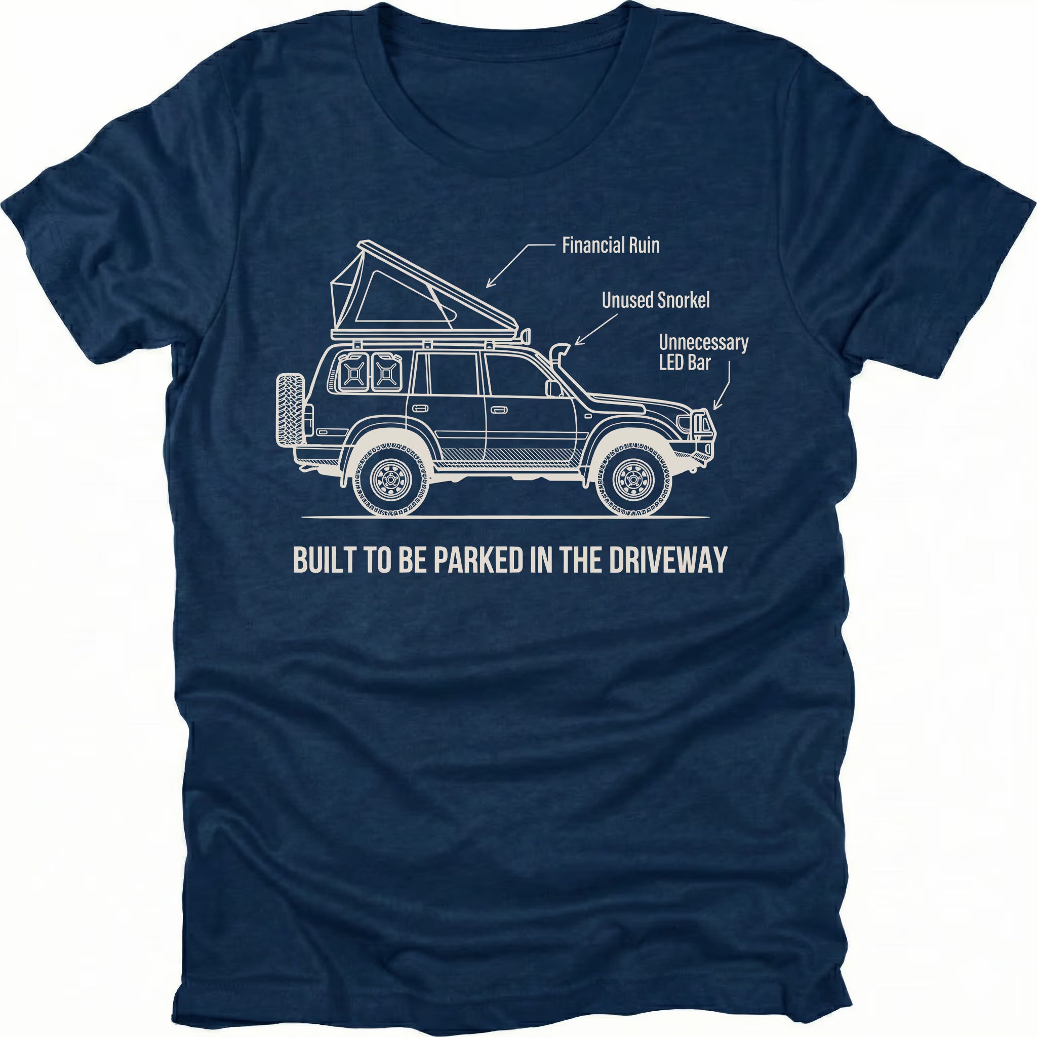 Navy t-shirt featuring built to be parked in the driveway vehicle diagram graphic shown from the front by Trail Snark.