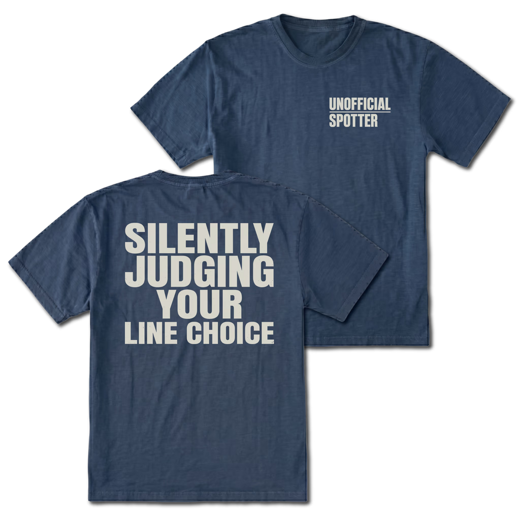 Navy T-shirt with Silently Judging Your Line Choice back design and Unofficial Spotter front chest print by Trail Snark.