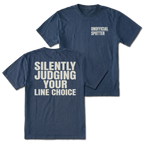 Navy T-shirt with Silently Judging Your Line Choice back design and Unofficial Spotter front chest print by Trail Snark.