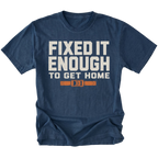 Navy T-Shirt with Fixed It Enough To Get Home trail repair design shown from the front by Trail Snark.