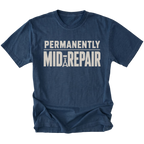 Navy T-Shirt featuring the Permanently Mid-Repair design shown in front view by Trail Snark.