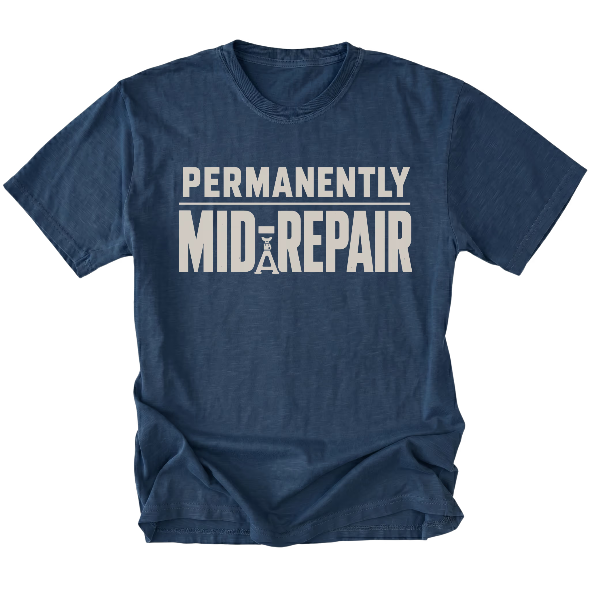 Navy T-Shirt featuring the Permanently Mid-Repair design shown in front view by Trail Snark.