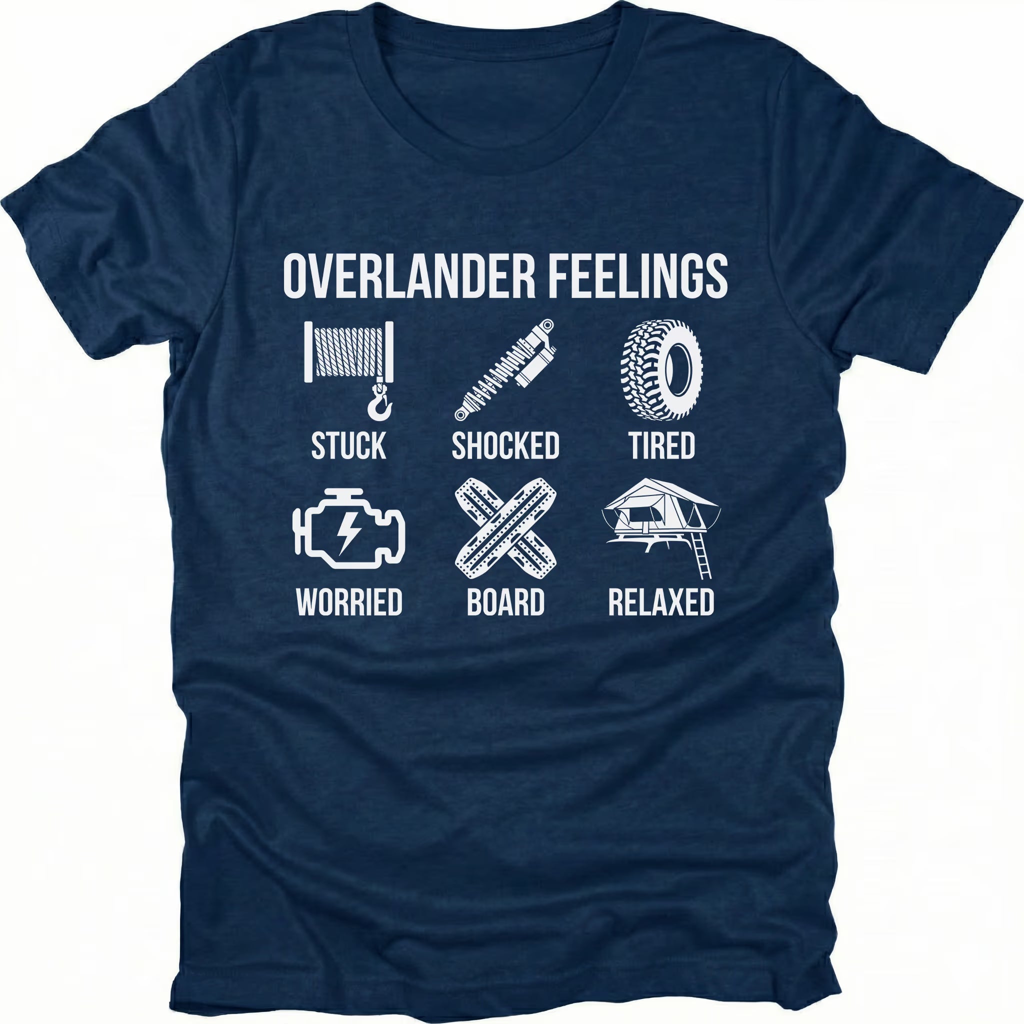 Navy T-Shirt with “Overlander Feelings” icons showing stuck, shocked, tired, worried, board, and relaxed on front view by Trail Snark.