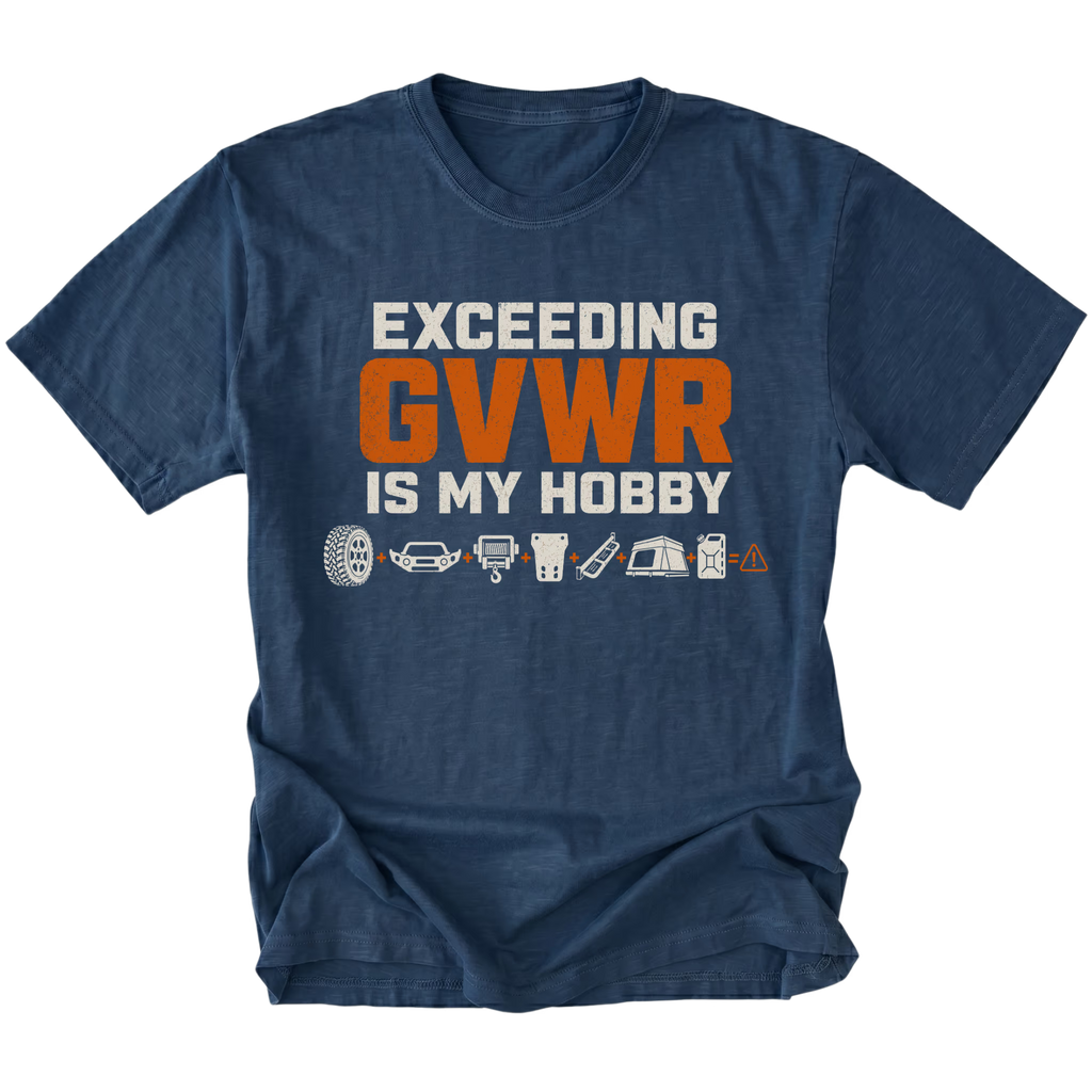 Navy T-shirt with an Exceeding GVWR Is My Hobby design shown from the front by Trail Snark.