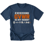 Navy T-shirt with an Exceeding GVWR Is My Hobby design shown from the front by Trail Snark.