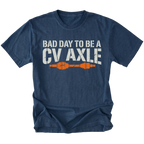 Navy T-Shirt featuring Bad Day To Be A CV Axle design with broken axle graphic on front view by Trail Snark.