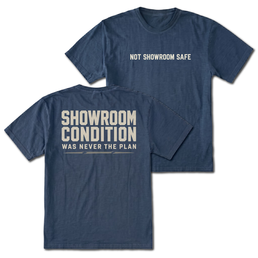 Navy T-shirt with a Showroom Condition Was Never The Plan design shown from the back view by Trail Snark.