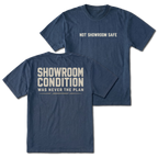 Navy T-shirt with a Showroom Condition Was Never The Plan design shown from the back view by Trail Snark.