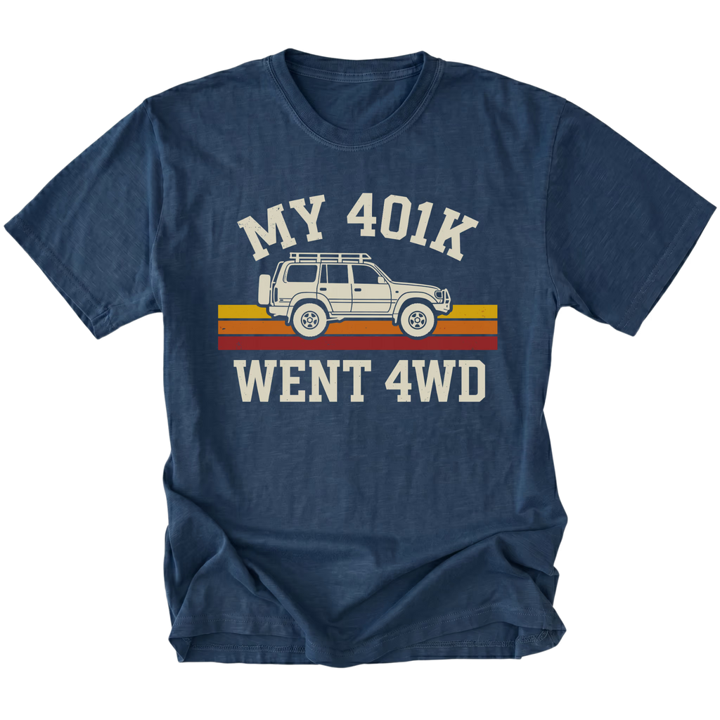 Navy T-Shirt featuring My 401K Went 4WD design with off-road SUV graphic on front view by Trail Snark.