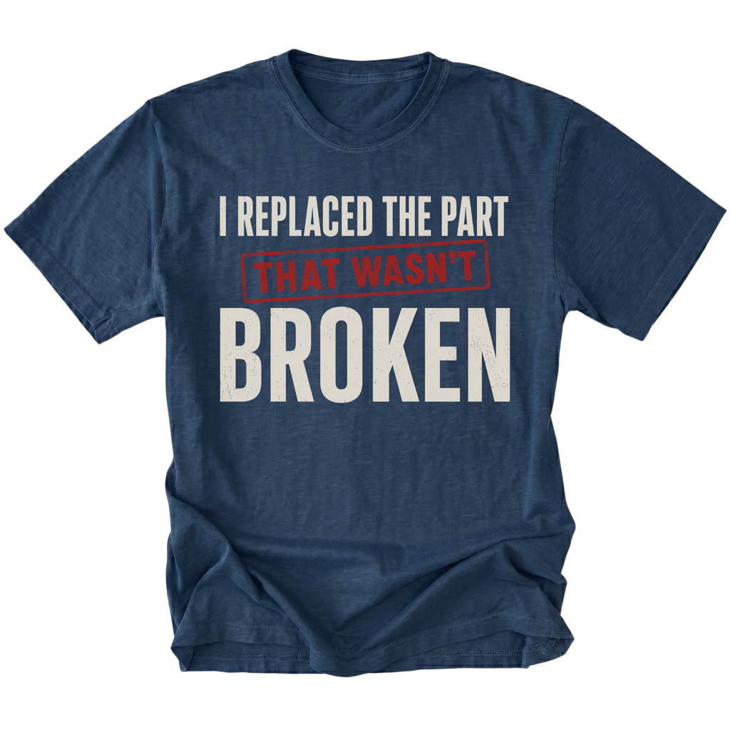 Navy t-shirt featuring the Wrong Part design on the front by Trail Snark.