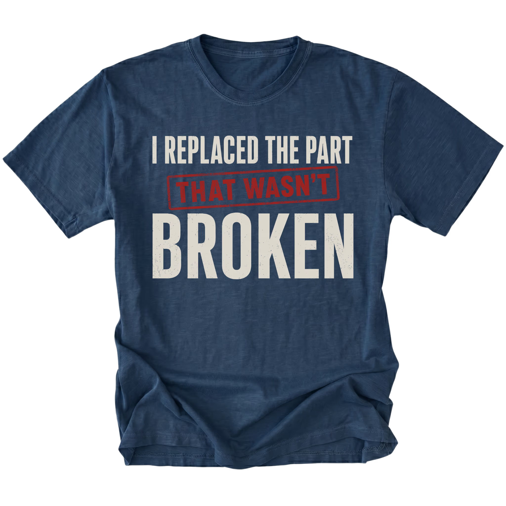 Navy t-shirt featuring the Wrong Part design on the front by Trail Snark.