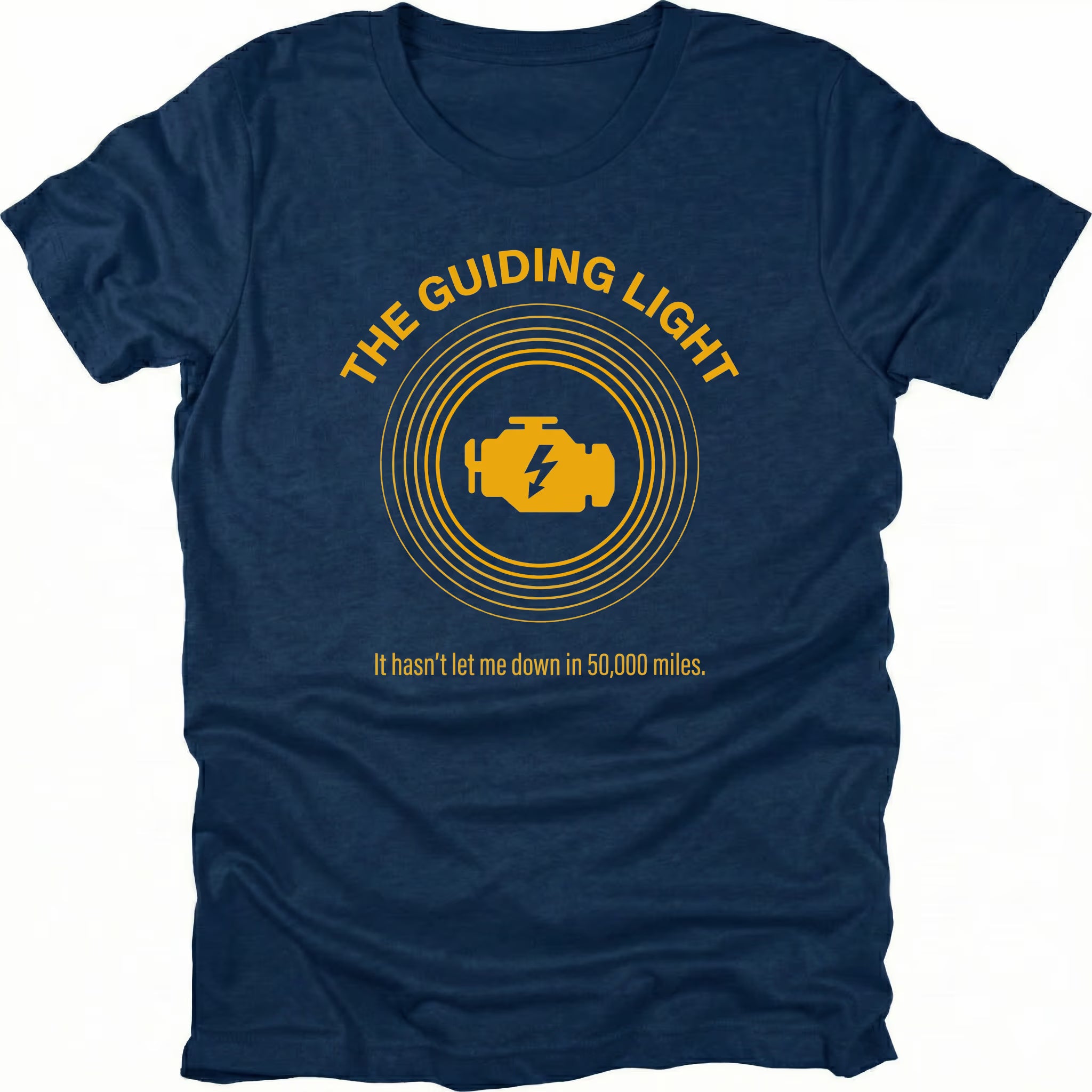Navy T-Shirt with circular graphic and check engine light icon reading “The Guiding Light” shown on front view by Trail Snark.