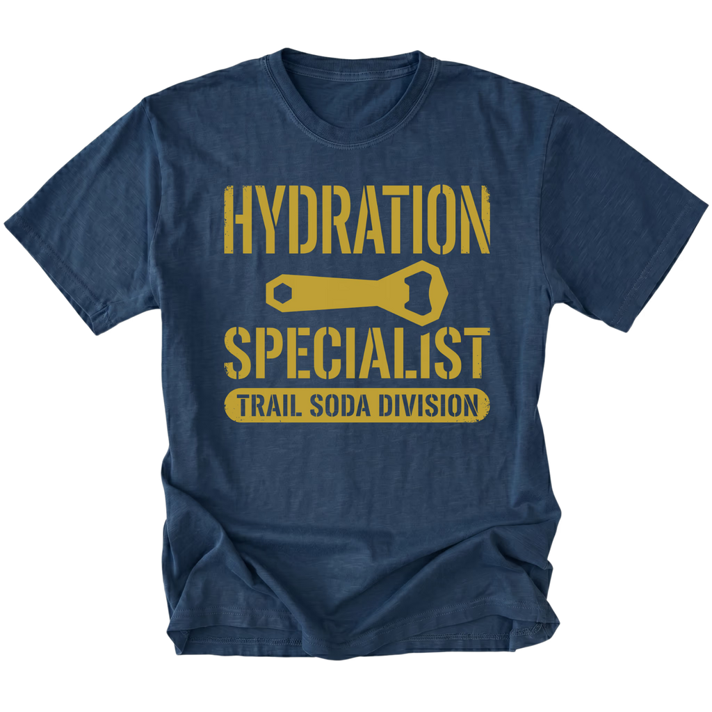 Navy T-Shirt featuring the Hydration Specialist Trail Soda Division design in front view by Trail Snark.