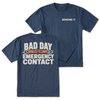 Navy t-shirt featuring the Emergency Contact design on the back and Sending It on the front by Trail Snark.
