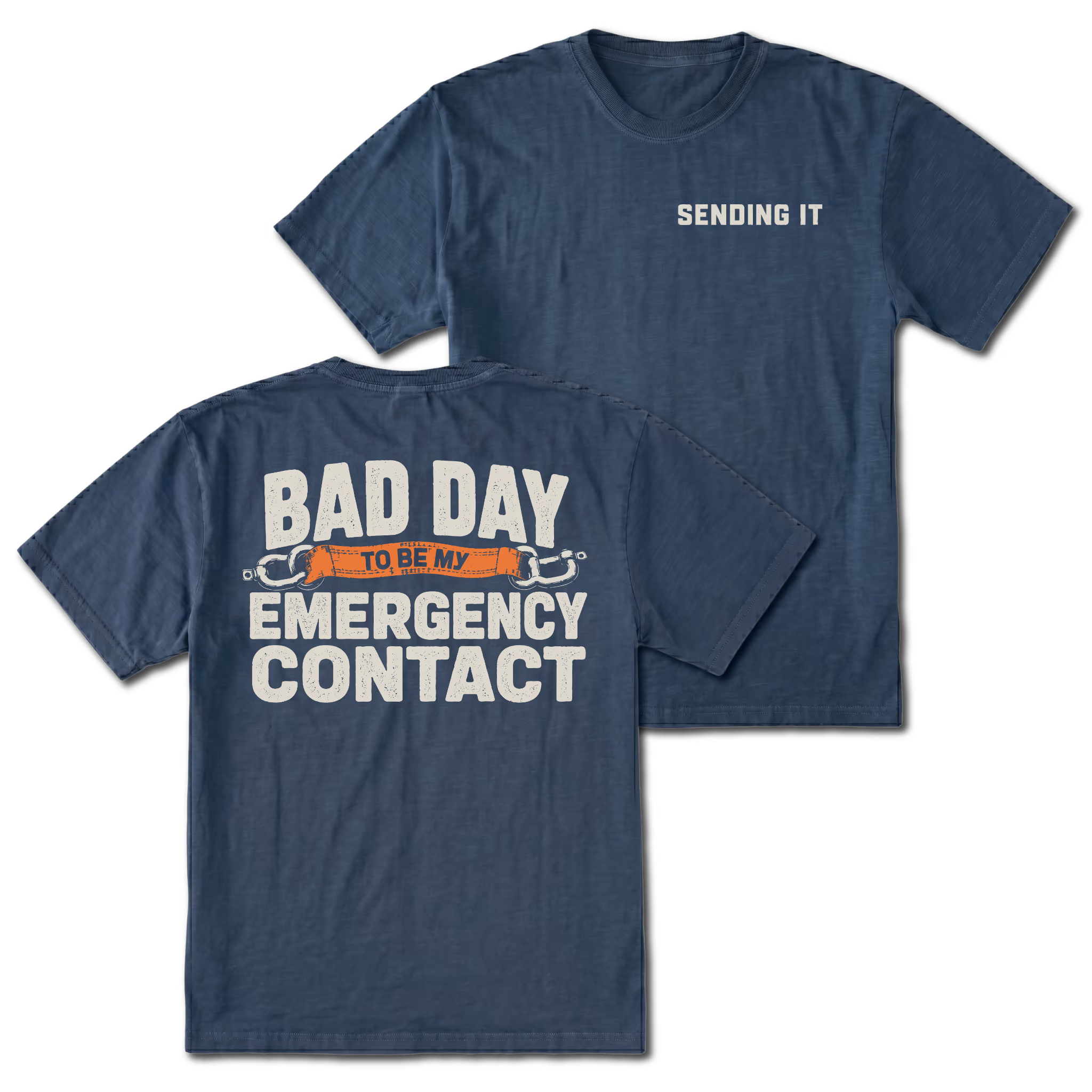 Navy t-shirt featuring the Emergency Contact design on the back and Sending It on the front by Trail Snark.