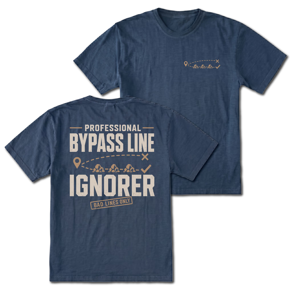 Navy T-shirt with Professional Bypass Route Ignorer back design and small trail route front chest print by Trail Snark.