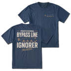 Navy T-shirt with Professional Bypass Route Ignorer back design and small trail route front chest print by Trail Snark.