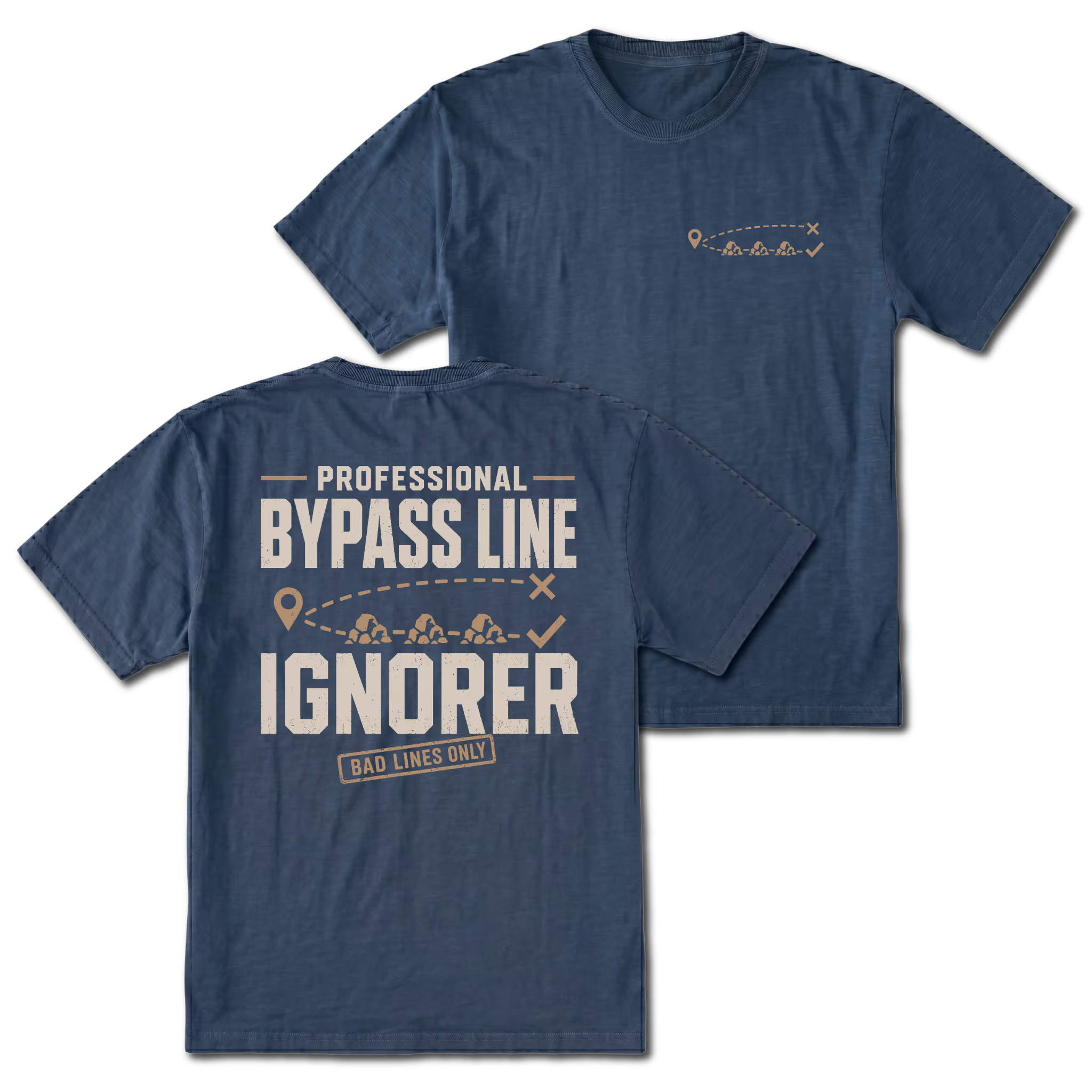 Navy T-shirt with Professional Bypass Route Ignorer back design and small trail route front chest print by Trail Snark.